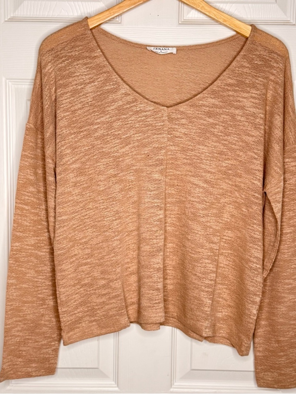New Zenana Lightweight Knit V Neck Top Camel Tan Long Sleeve Casual S M L - Picture 2 of 7